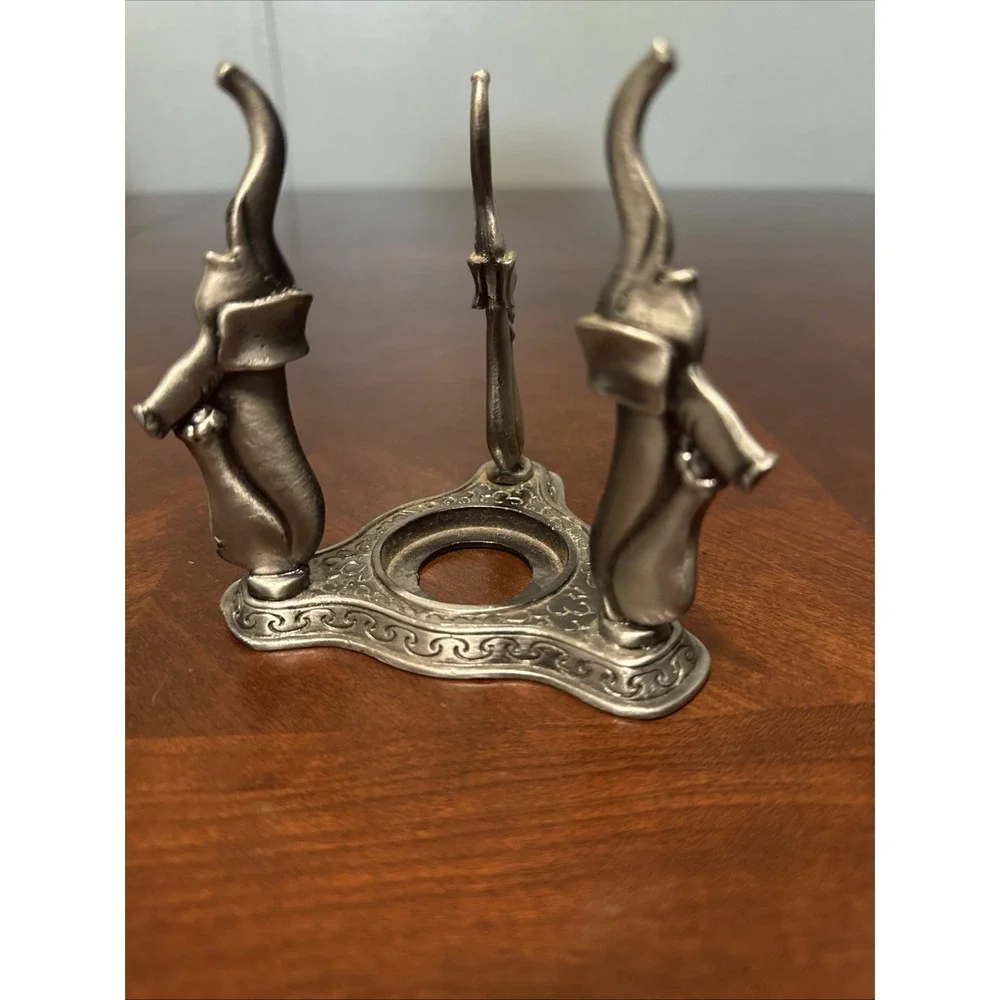 Three Standing Elephants  Silver Metal Round Votive Candle Holder Decor Vtg Styl